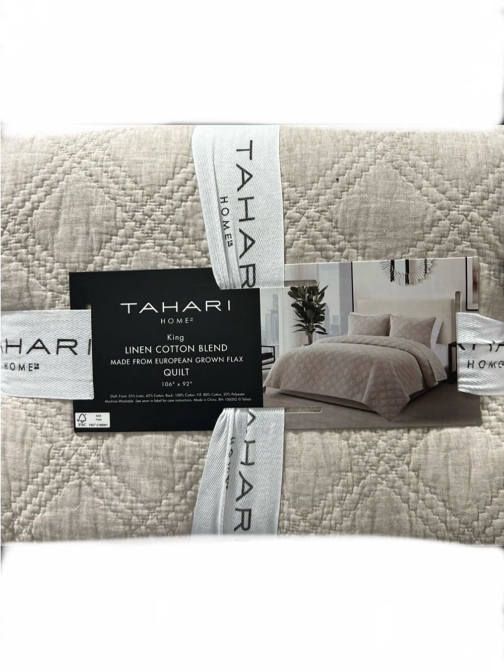 Tahari Natural King Linen Cotton Blend Quilt  European Grown Flax 106”x92”